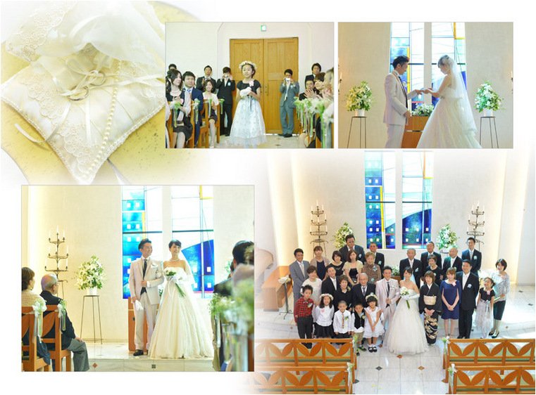 
ページをめくると神社での前撮り写真から。6頁目：結婚式アルバム