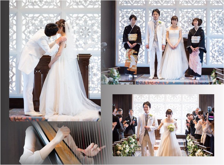 
挙式後のフワラーシャワーは純白のドレスとお二人の笑顔が眩く、素晴らしい輝きを放ちます。6頁目：結婚式アルバム
